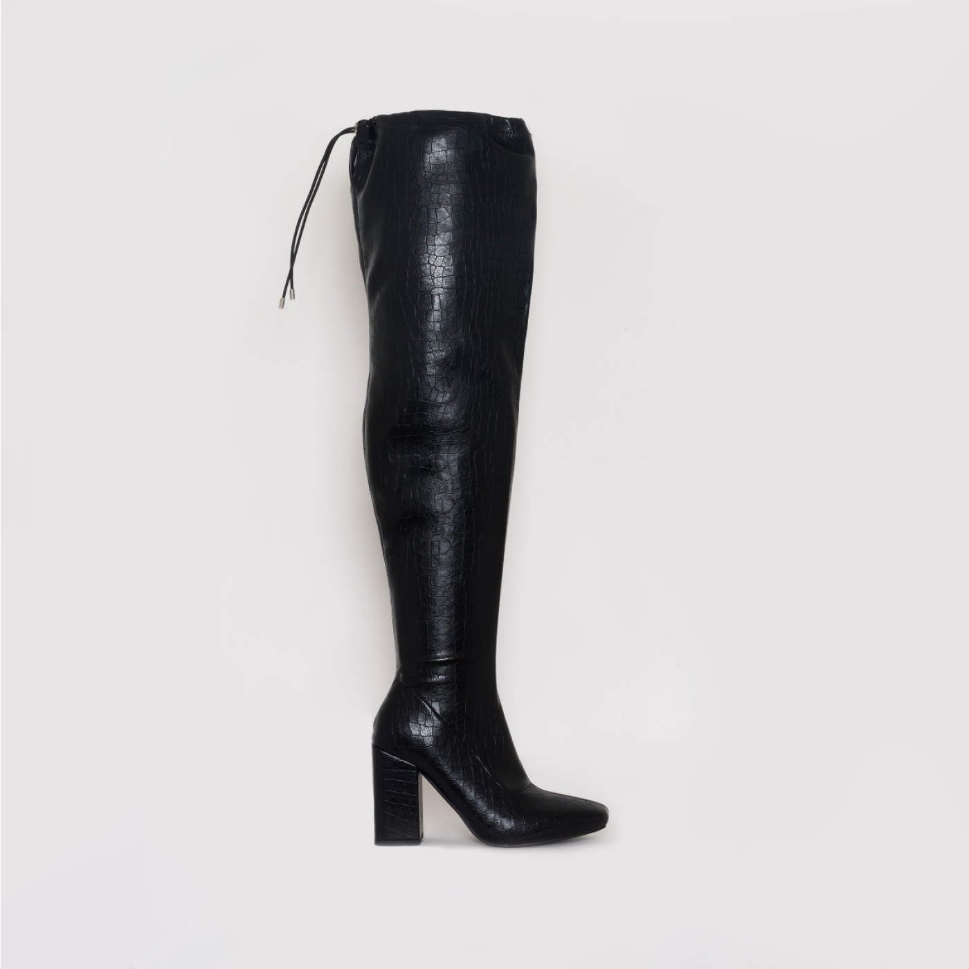 Mirisa Black Croc Print Block Heel Thigh High Boots