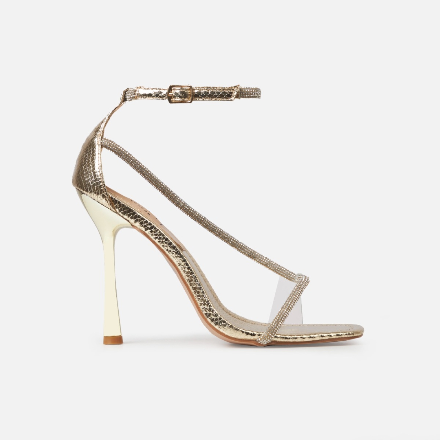 Kora Gold Faux Snake Print Diamante Strap Stiletto Heels | SIMMI London