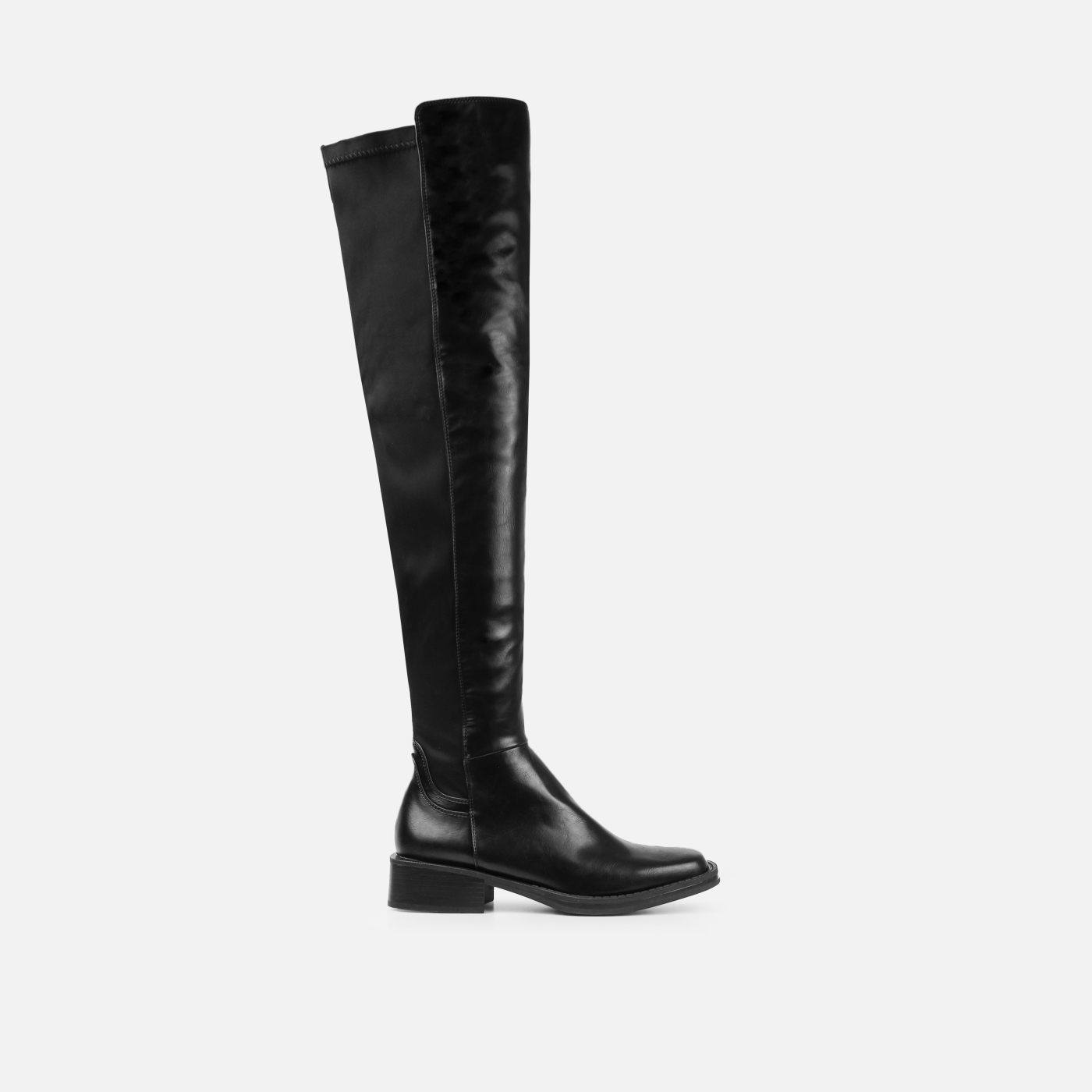 Luigi Black Lycra Flat Thigh High Boots | SIMMI London