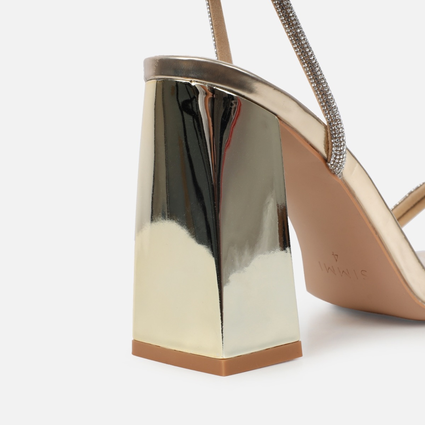 Kinsey Gold Mirror Diamante Block Heeled Sandals | SIMMI London