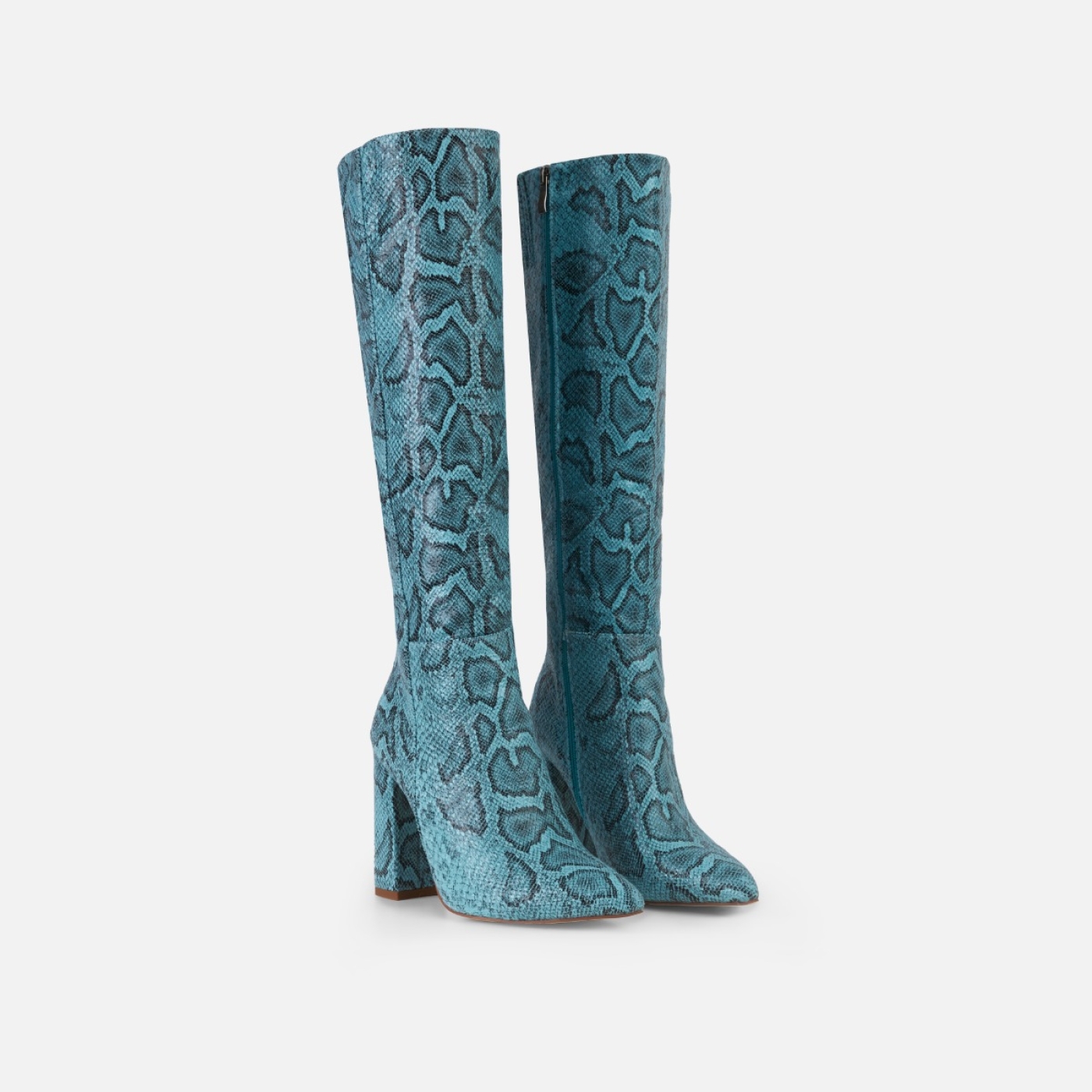 Kaa Blue Faux Snake Print Block Heel Knee High Boots | SIMMI London
