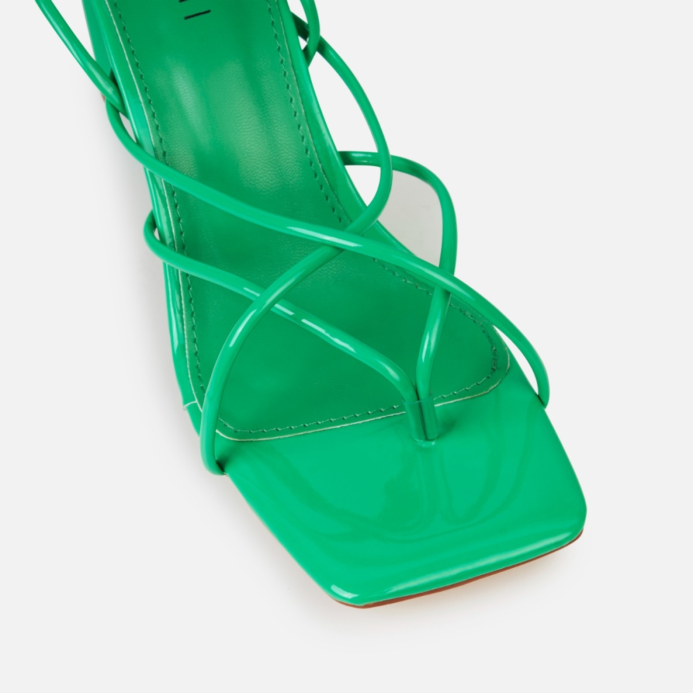 Rhia Green Patent Strappy Lace Up Mid Block Heels | SIMMI London
