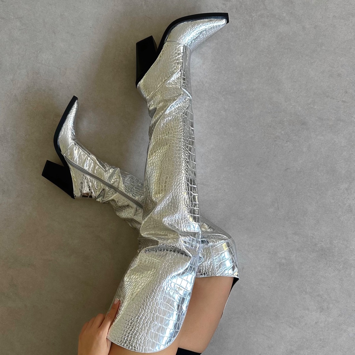 gianni silver metallic faux croc thigh high western boots