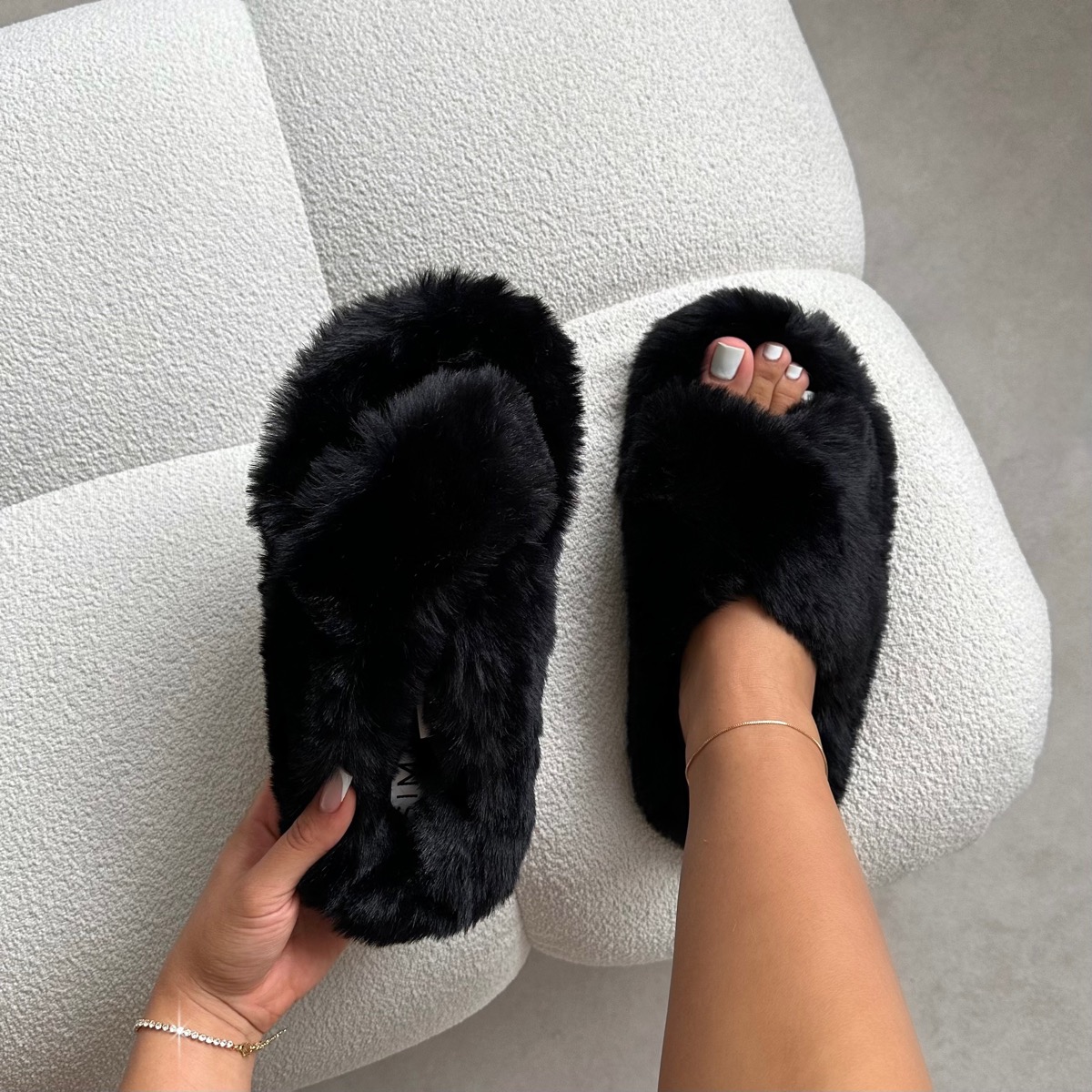 Fuzzy Black Faux Fur Slippers