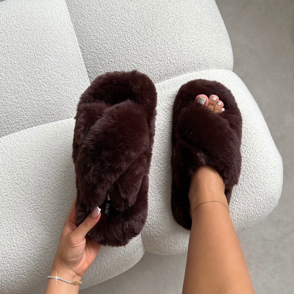 Fuzzy Chocolate Brown Faux Fur Slippers