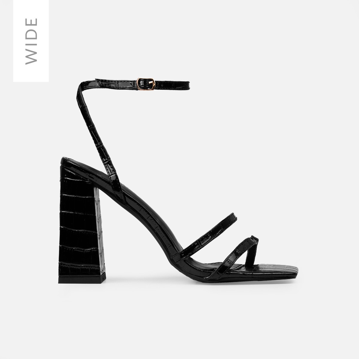 inez wide black faux croc print strappy block heels