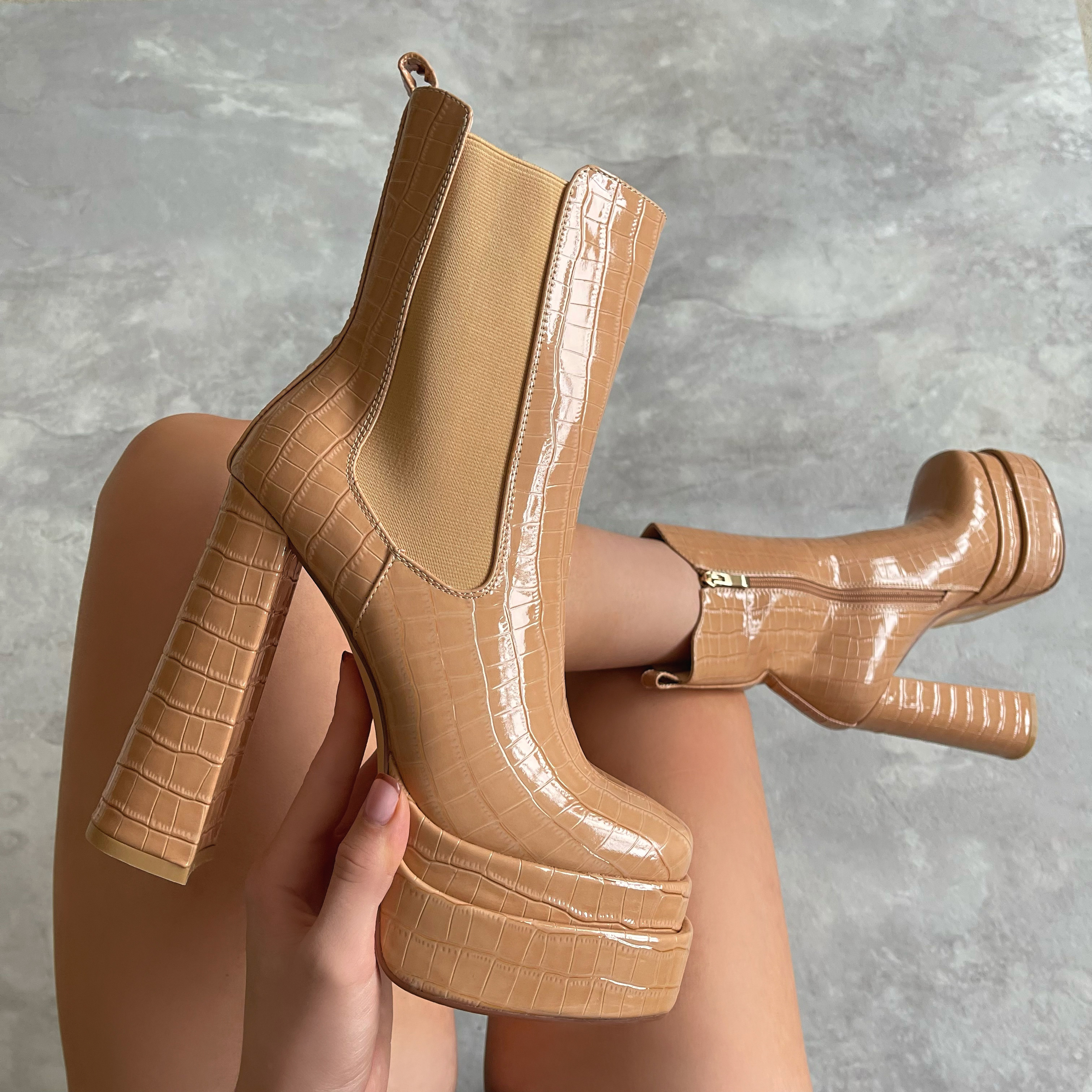milani nude patent faux croc print platform block heel ankle boots