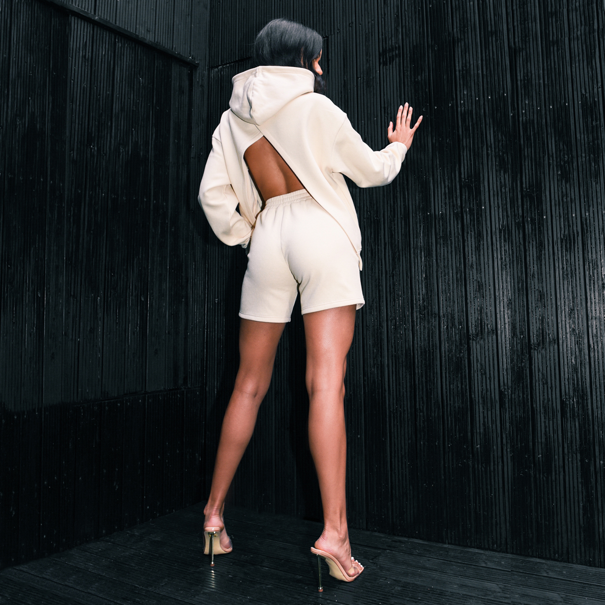 

Exposed Cream Ribbed Open Back Hoodie