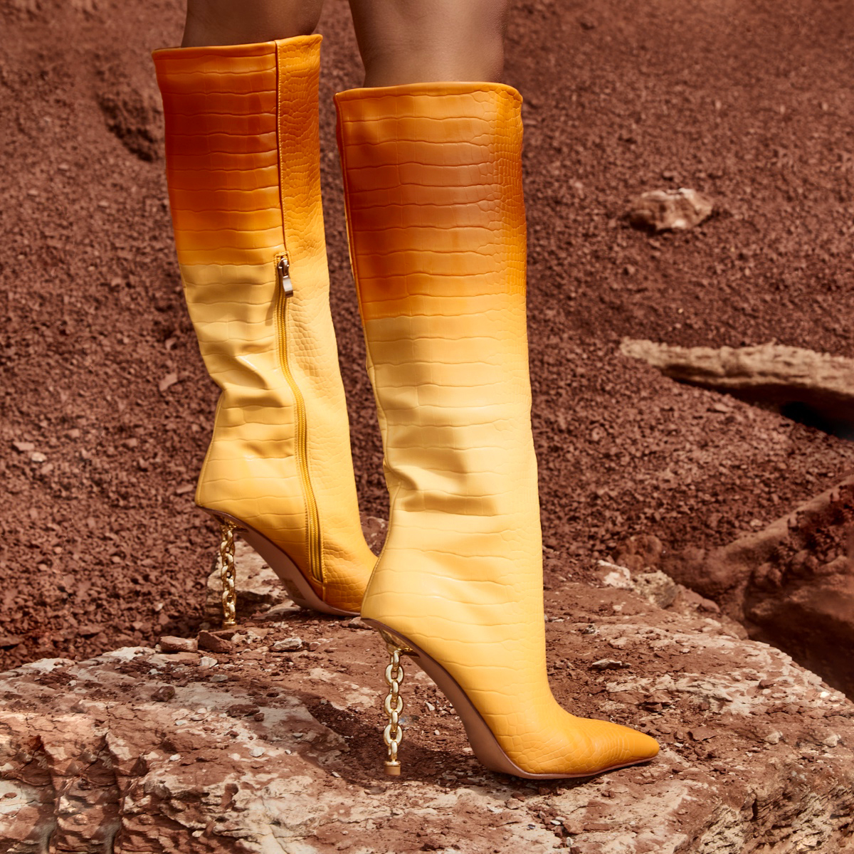 sunset orange ombre faux croc print chain knee high boots